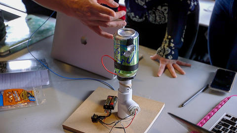Close up of project fair project--can with wires attached